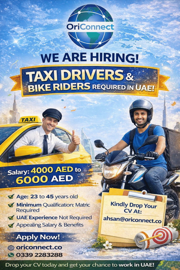 Exciting job openings in the UAE for Bike Riders and Taxi Drivers.