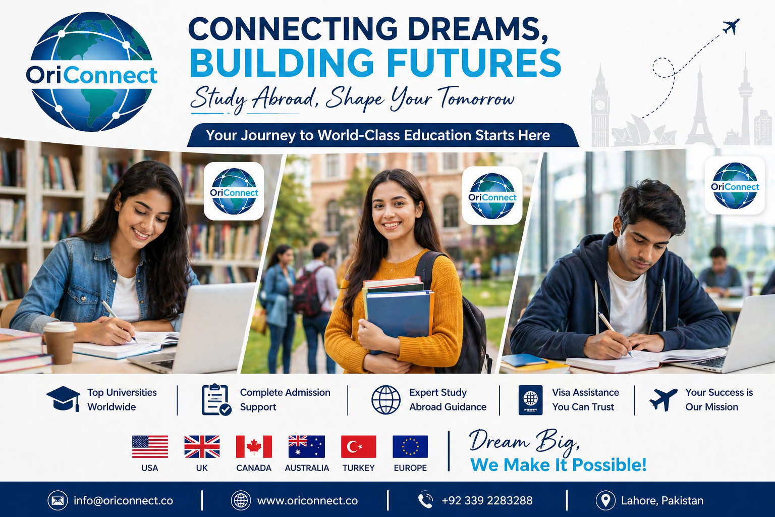 Study abroad students consulting Ori Connect for admissions and visa guidance to USA, UK, Canada, Australia, Turkey and Europe.