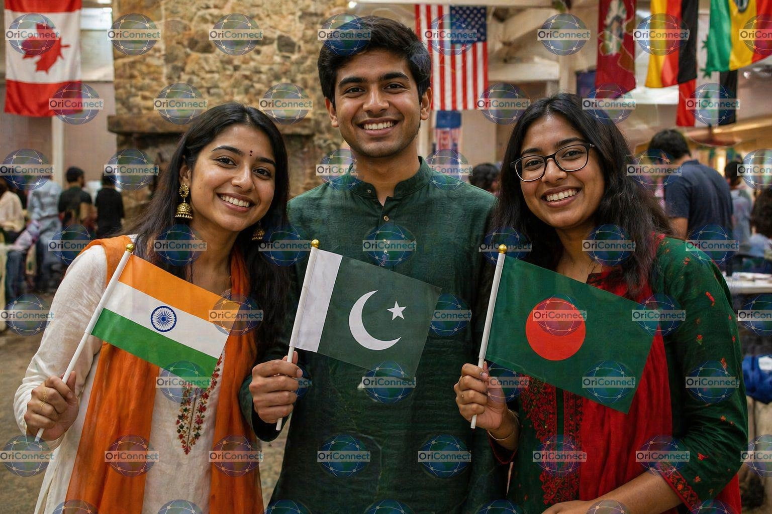 International students from India Pakistan and Bangladesh celebrating diversity in global campus environment.